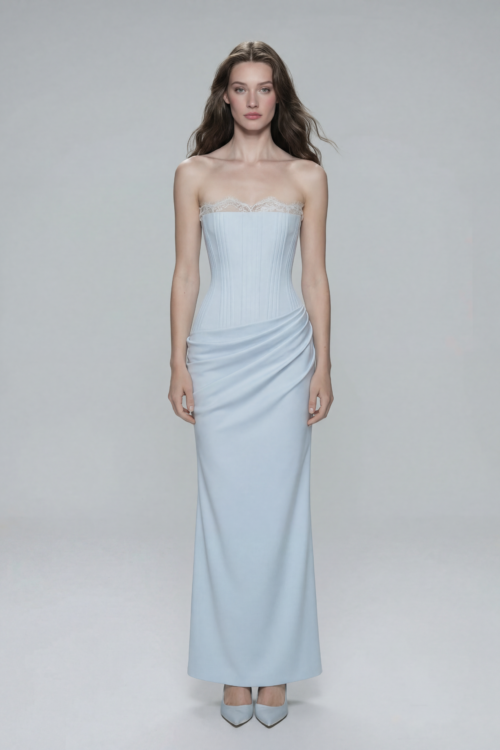 Powder Ice Blue Lace Trim Strapless Satin Dress