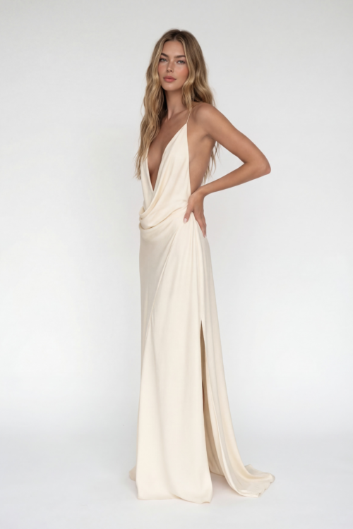 Deep V Neck Draped Halter Maxi Dress