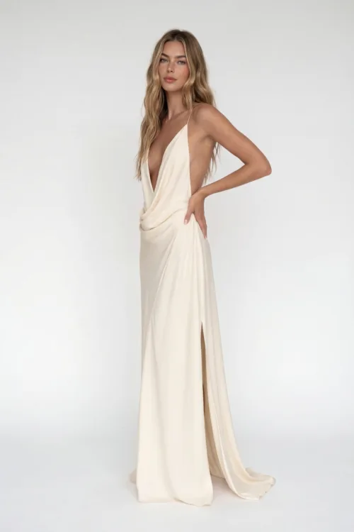 Deep V Neck Draped Halter Maxi Dress