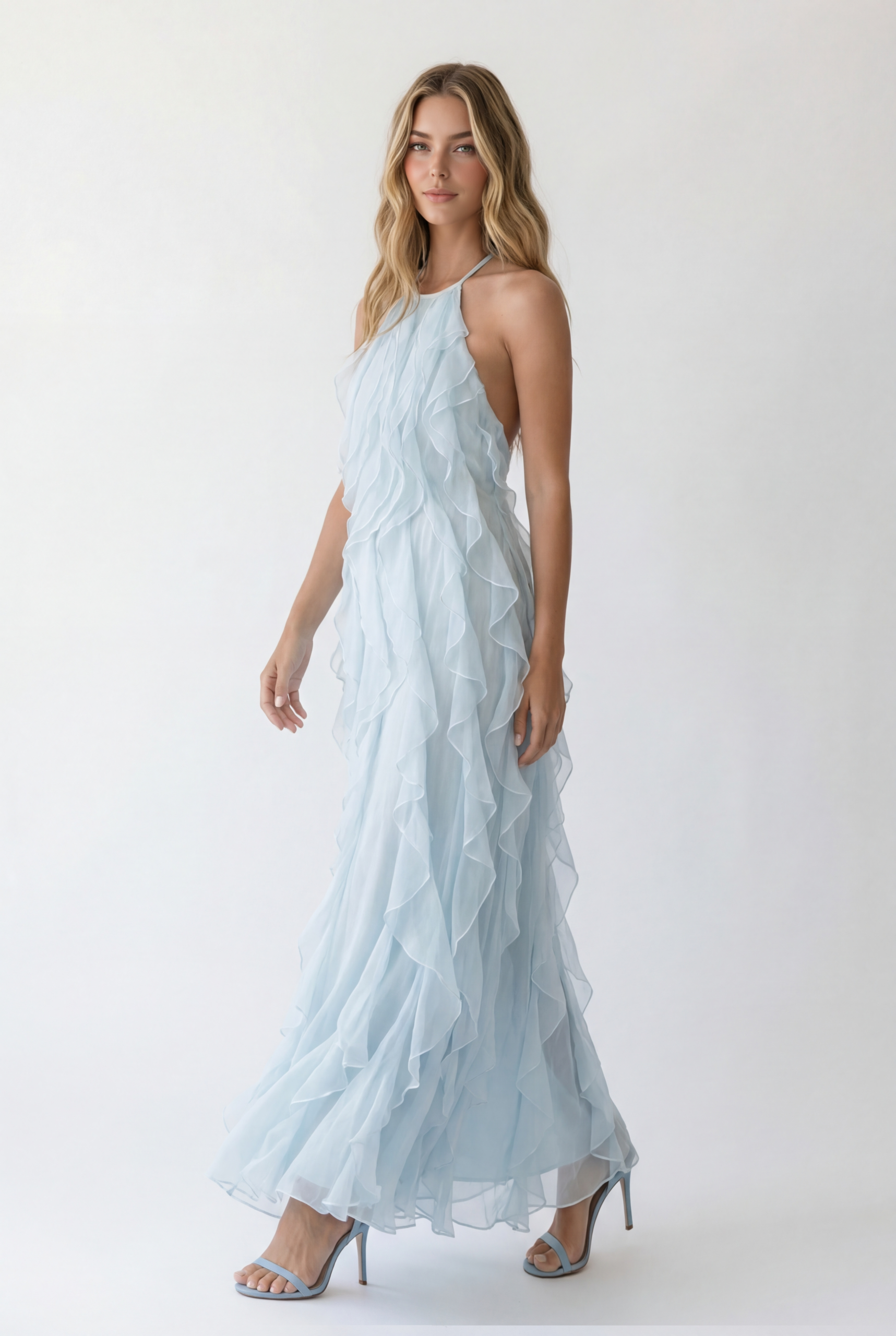 NRTW188 Layered Ruffle Halter Neck Maxi Chiffon Dress - 1