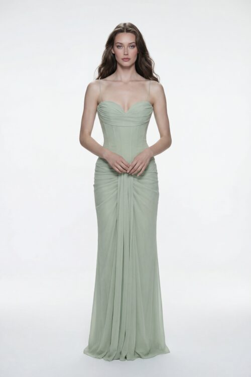 Pistachio Green Strapless Draped Chiffon Dress