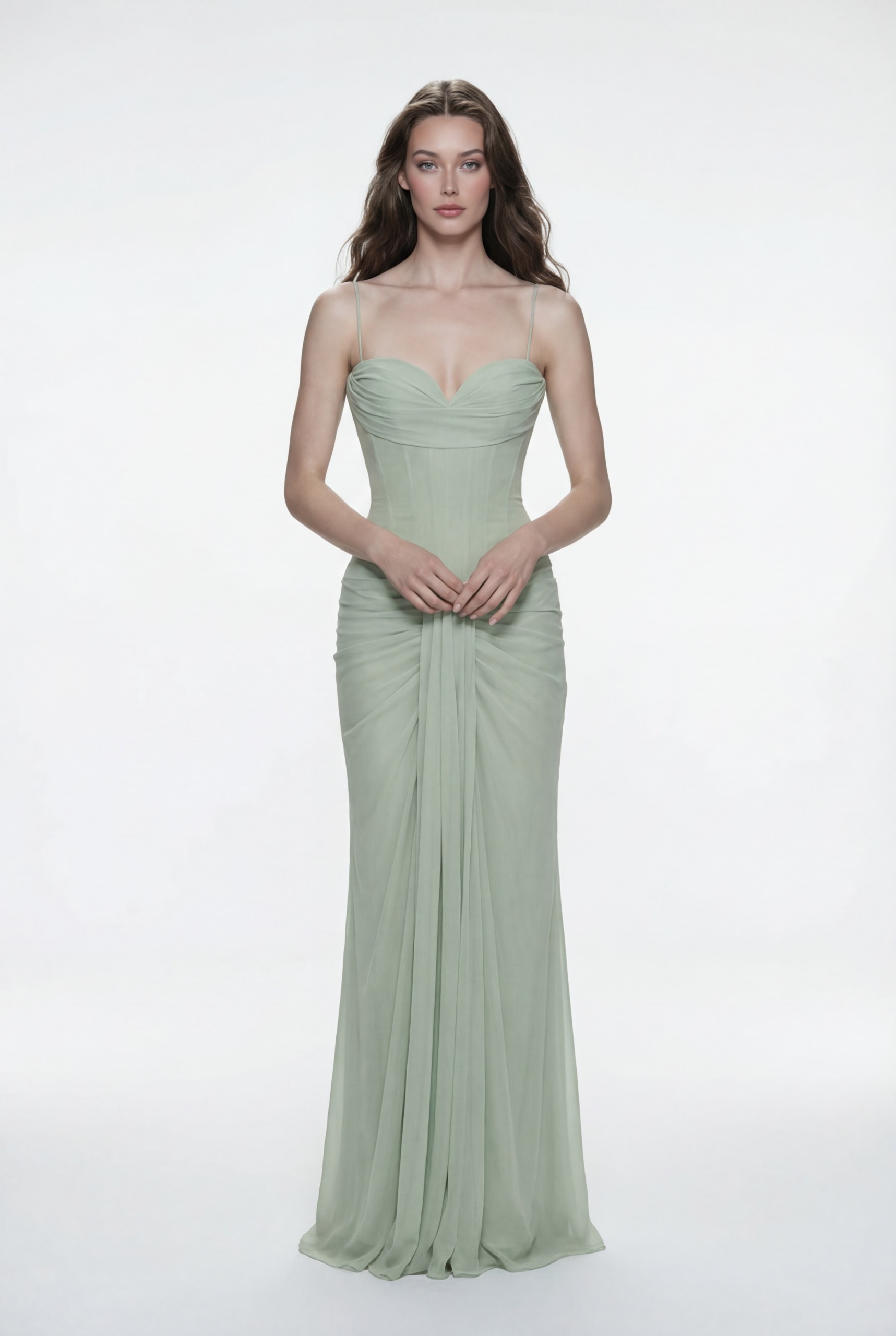 NRTW190B Pistachio Green Strapless Draped Chiffon Dress - 1