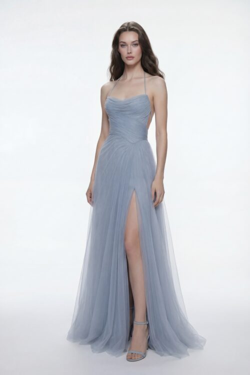 Dusty Steel Blue Draped Tulle Dress with Halter Strap