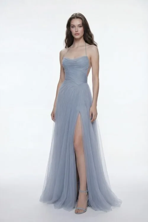 Dusty Steel Blue Draped Tulle Dress with Halter Strap