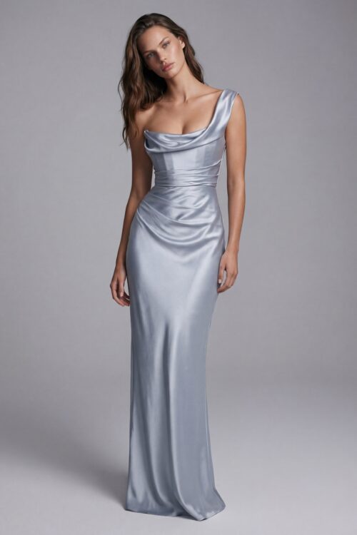 One Shoulder Draped Satin Corset Dress