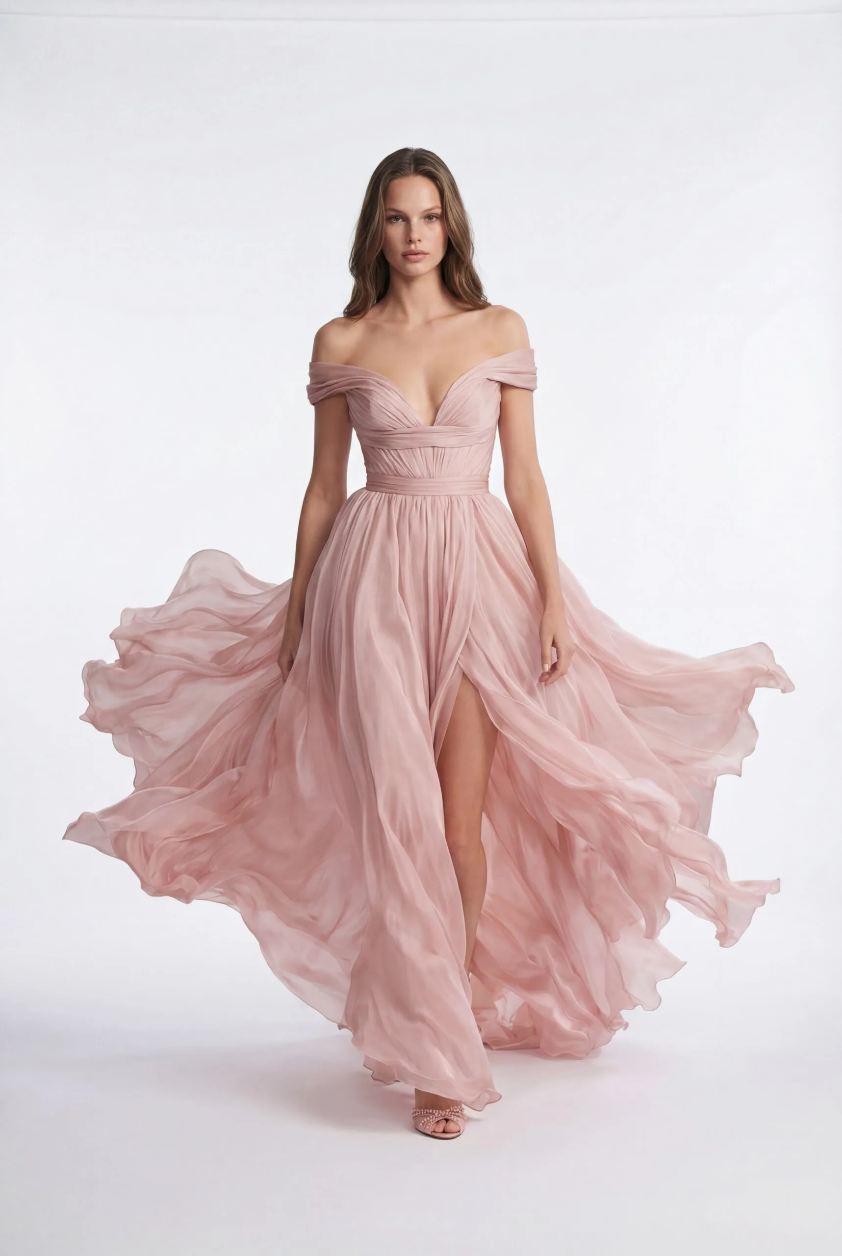 OffShoulder Flowing Silk Chiffon Dress - 1