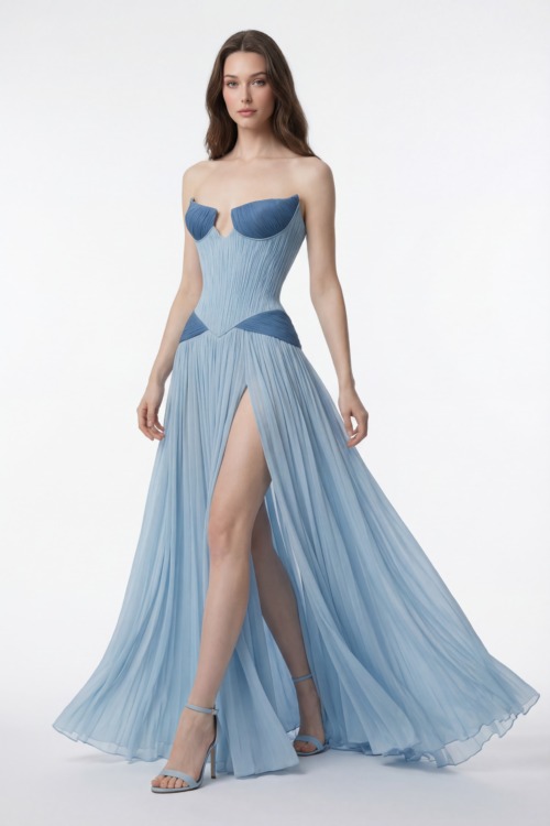 Two-Tone Corset Plissé Chiffon Dress