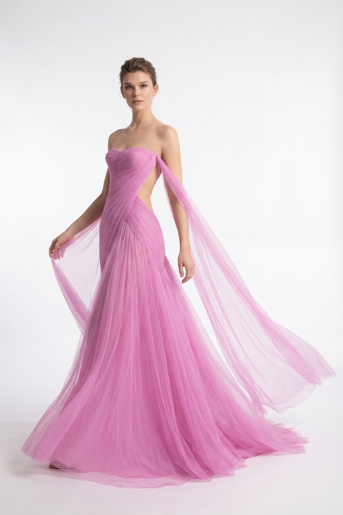 Pleated Strapless Draped Pink Tulle Dress with Shoulder Scarf