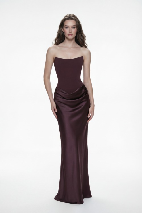 Strapless Matte Crepe Corset Dress with Satin Draped Skirt