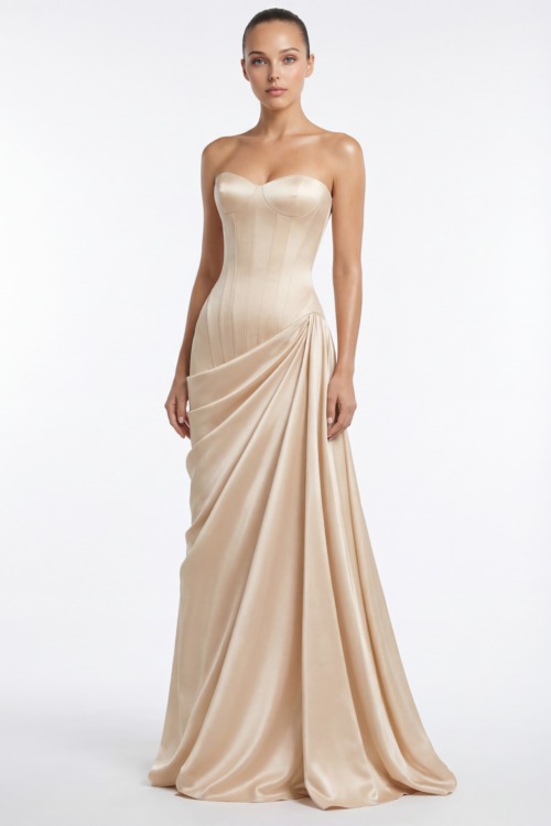 Strapless Corset Draped Soft Champagne Satin Dress