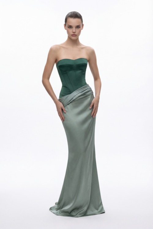 Strapless Corset Dress with Satin Draped Skirt