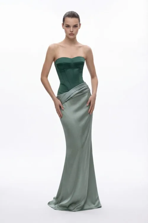 Strapless Corset Dress with Satin Draped Skirt