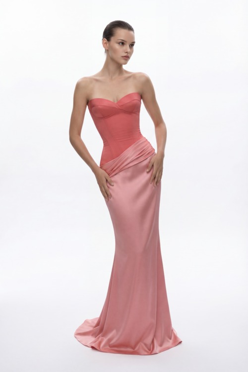 Coral Rose Strapless Corset Dress with Draped Satin Skirt