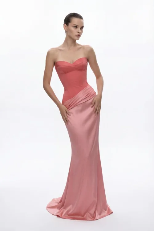 Coral Rose Strapless Corset Dress with Draped Satin Skirt