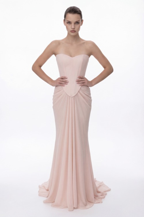 Soft Nude Blush Strapless Corset Dress with Sculpted Draped Skirt