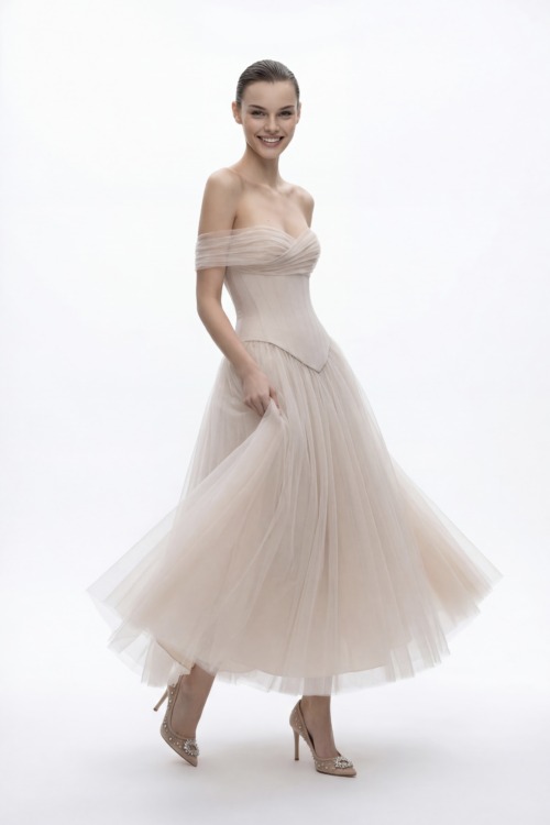 Off-Shoulder Tulle Corset Dress with Midi Volume Skirt