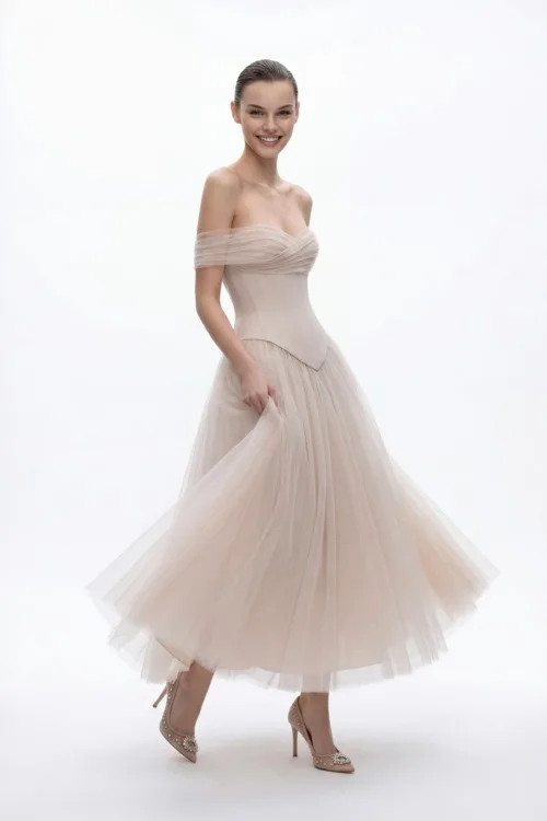 Off-Shoulder Tulle Corset Dress with Midi Volume Skirt