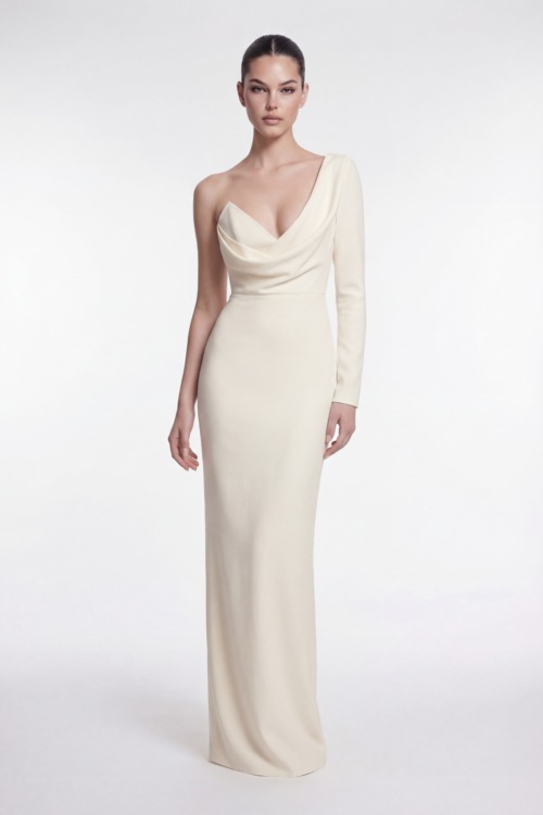 One Shoulder Draped Crepe Dress with Sculpted Silhouette
