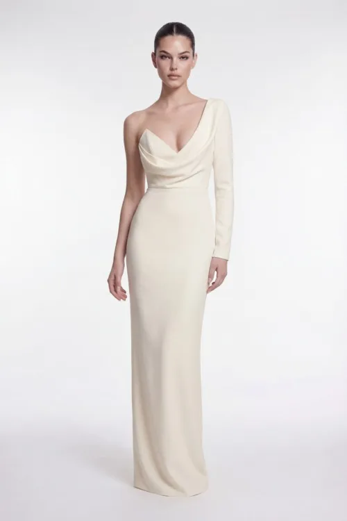 One Shoulder Draped Crepe Dress with Sculpted Silhouette