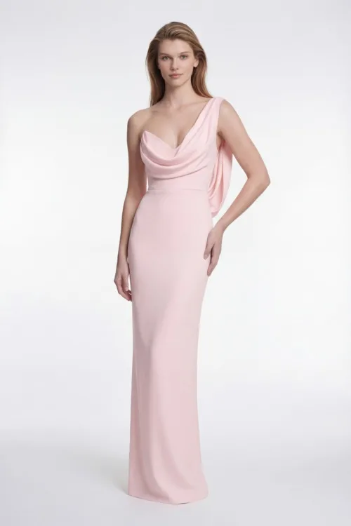 OneShoulder Draped Long Dress with Soft Flowing Silhouette
