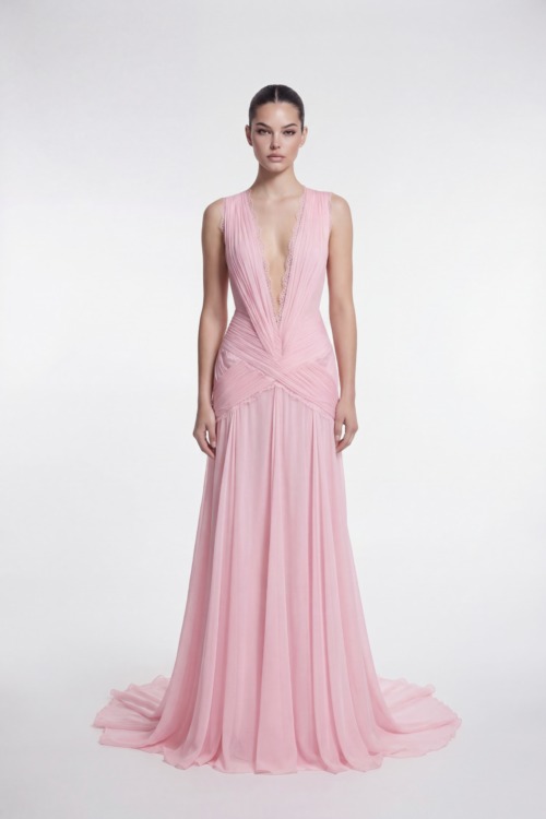 Pink Draped Chiffon Evening Dress with Deep V Neckline