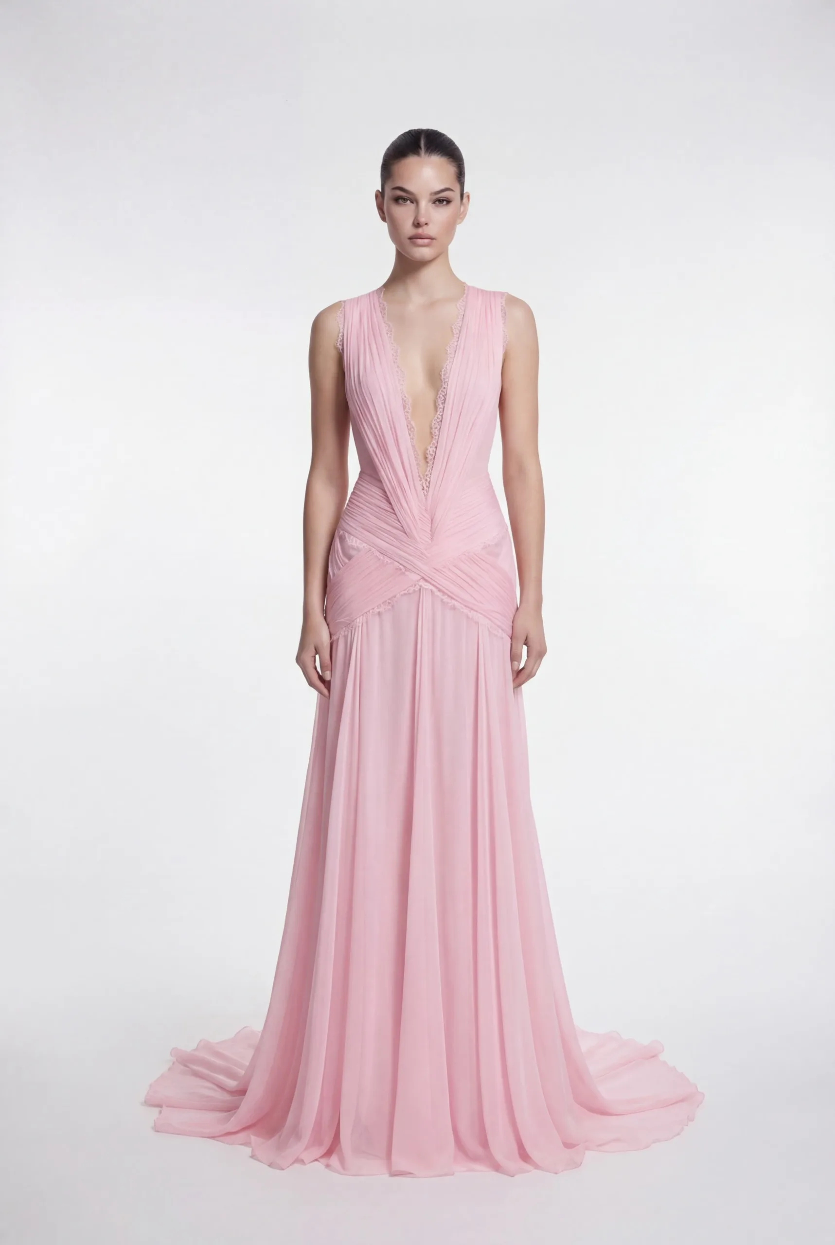 Pink Draped Chiffon Evening Dress with Deep V Neckline - 1
