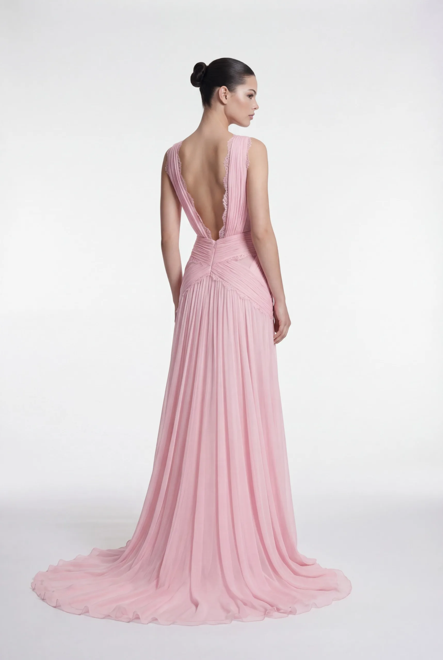 Pink Draped Chiffon Evening Dress with Deep V Neckline - 3