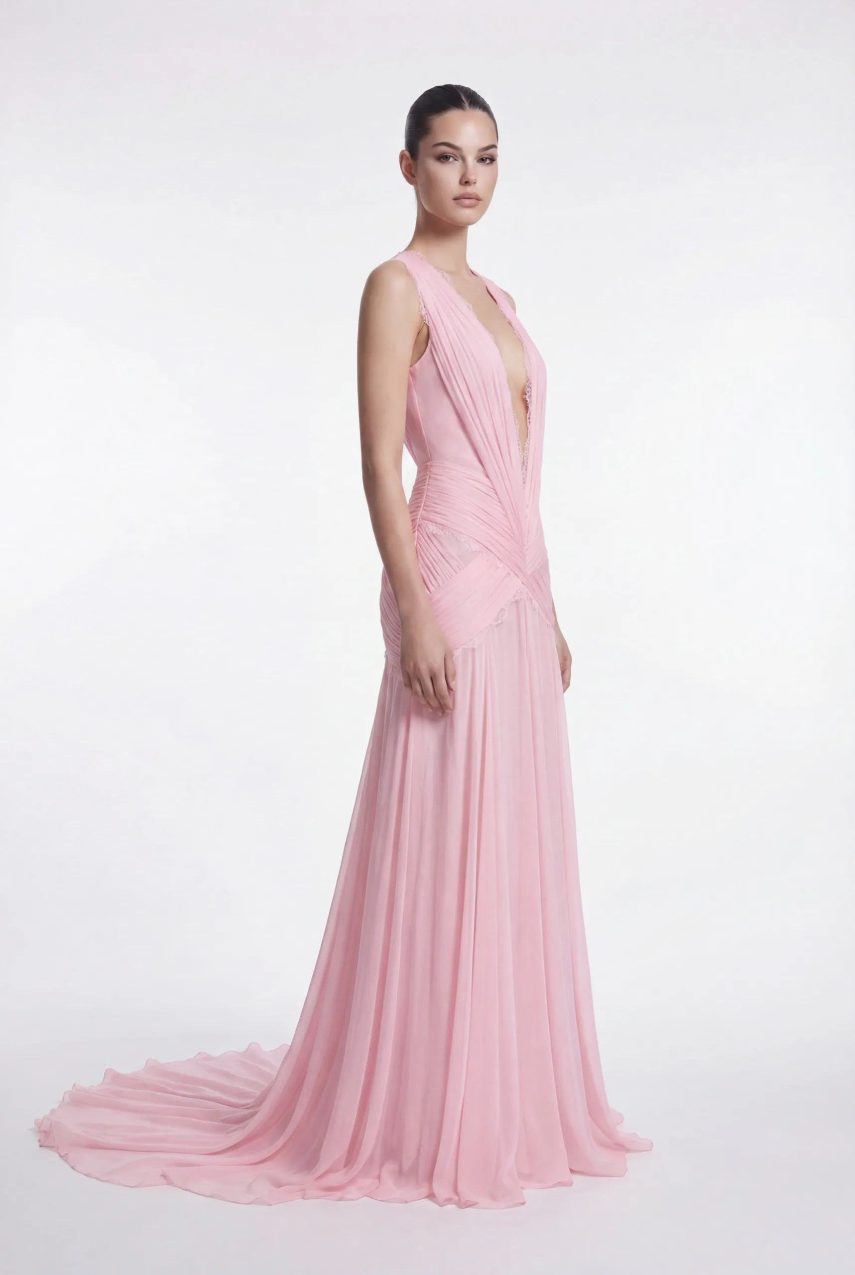 Pink Draped Chiffon Evening Dress with Deep V Neckline - 2