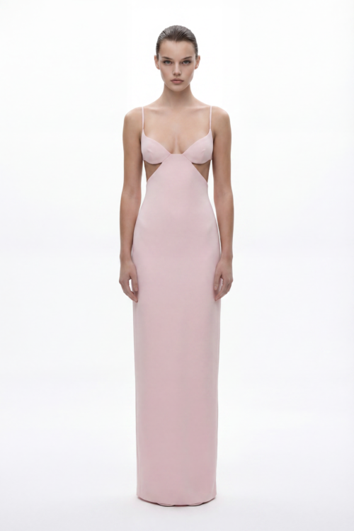 Blush Cut-Out Crepe Satin Evening Dress with Sculpted Silhouette