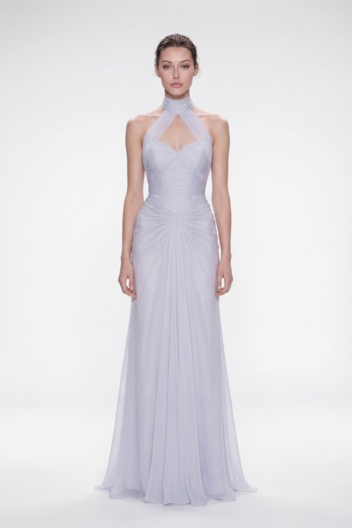 Ice Lilac Draped Halter Neck Silk Chiffon Dress