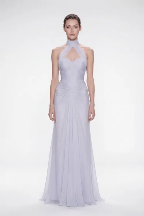 Ice Lilac Draped Halter Neck Silk Chiffon Dress