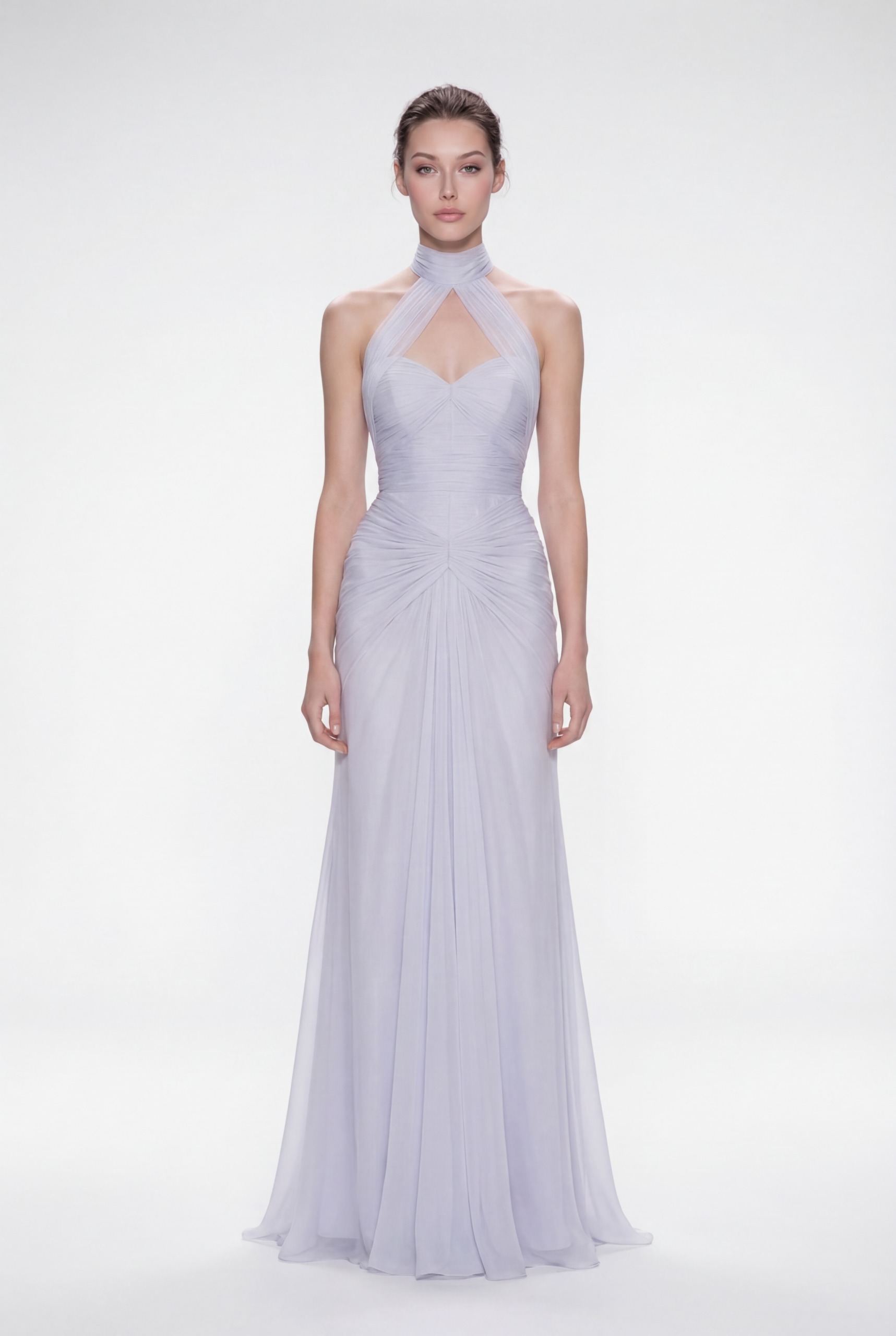 NRTW220 Ice Lilac Draped Halter Neck Silk Chiffon Dress - 1