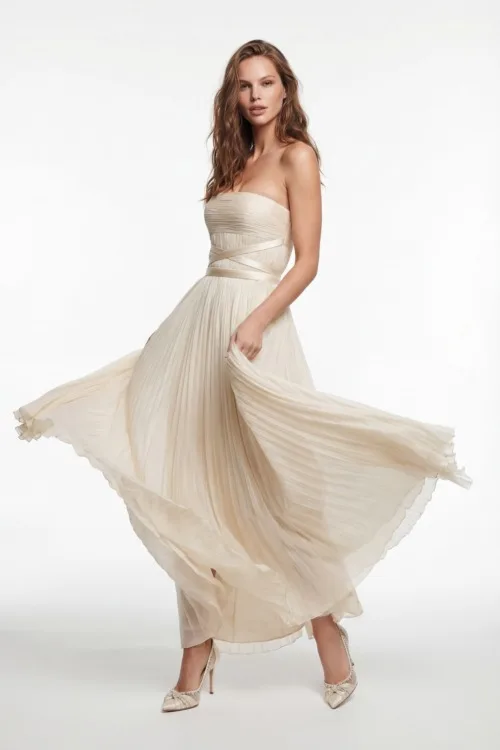 Champagne Pleated Strapless Chiffon Dress with Draped Waist Detail