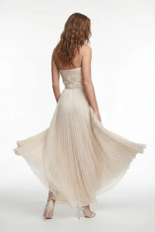 Champagne Pleated Strapless Chiffon Dress with Draped Waist Detail - 4