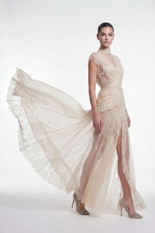 Soft Yellow Lace and Draped Tulle High-Neck Dress with Flowing Train