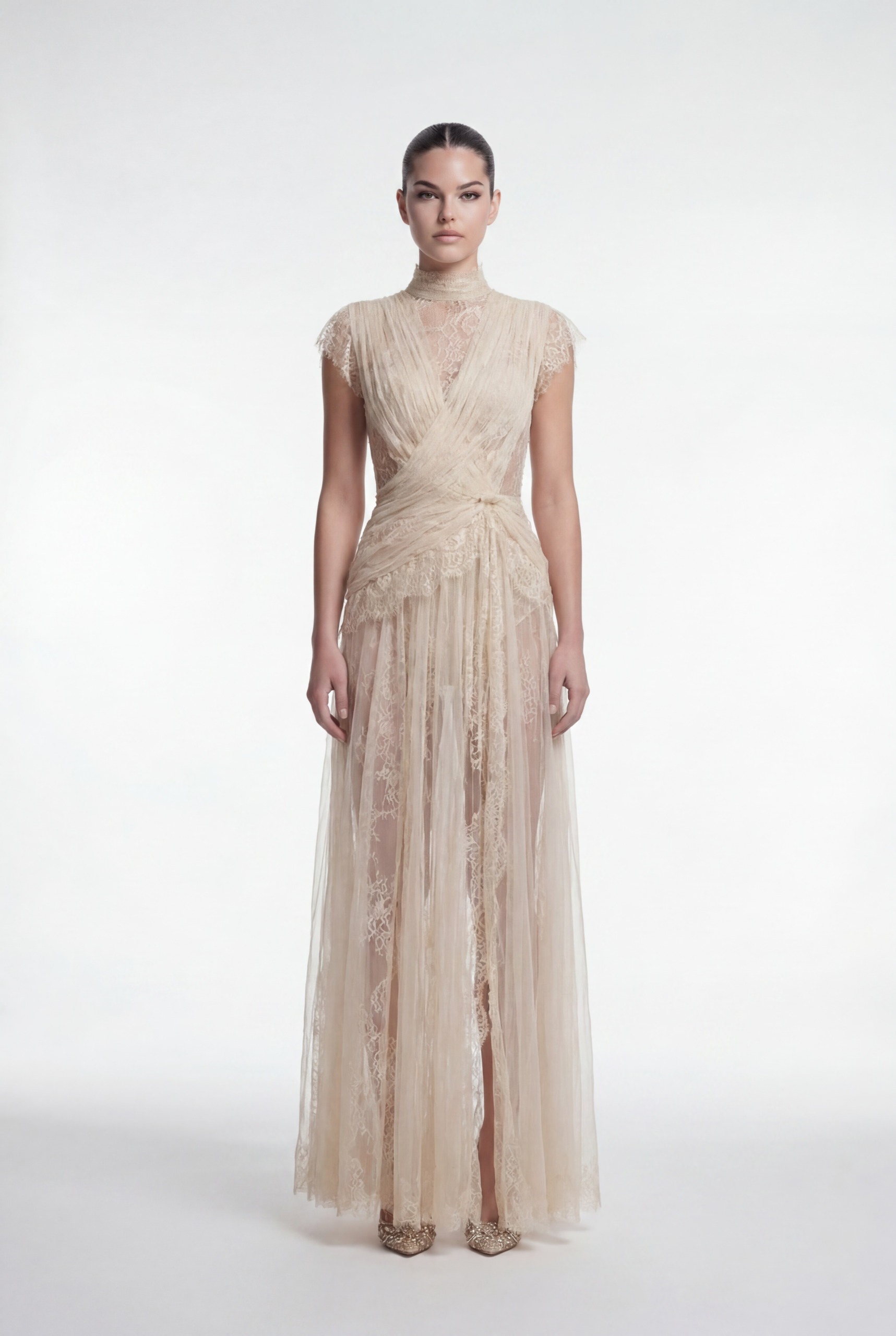 NRTW226B Champagne Lace and Draped Tulle High-Neck Dress with Flowing Train - 2