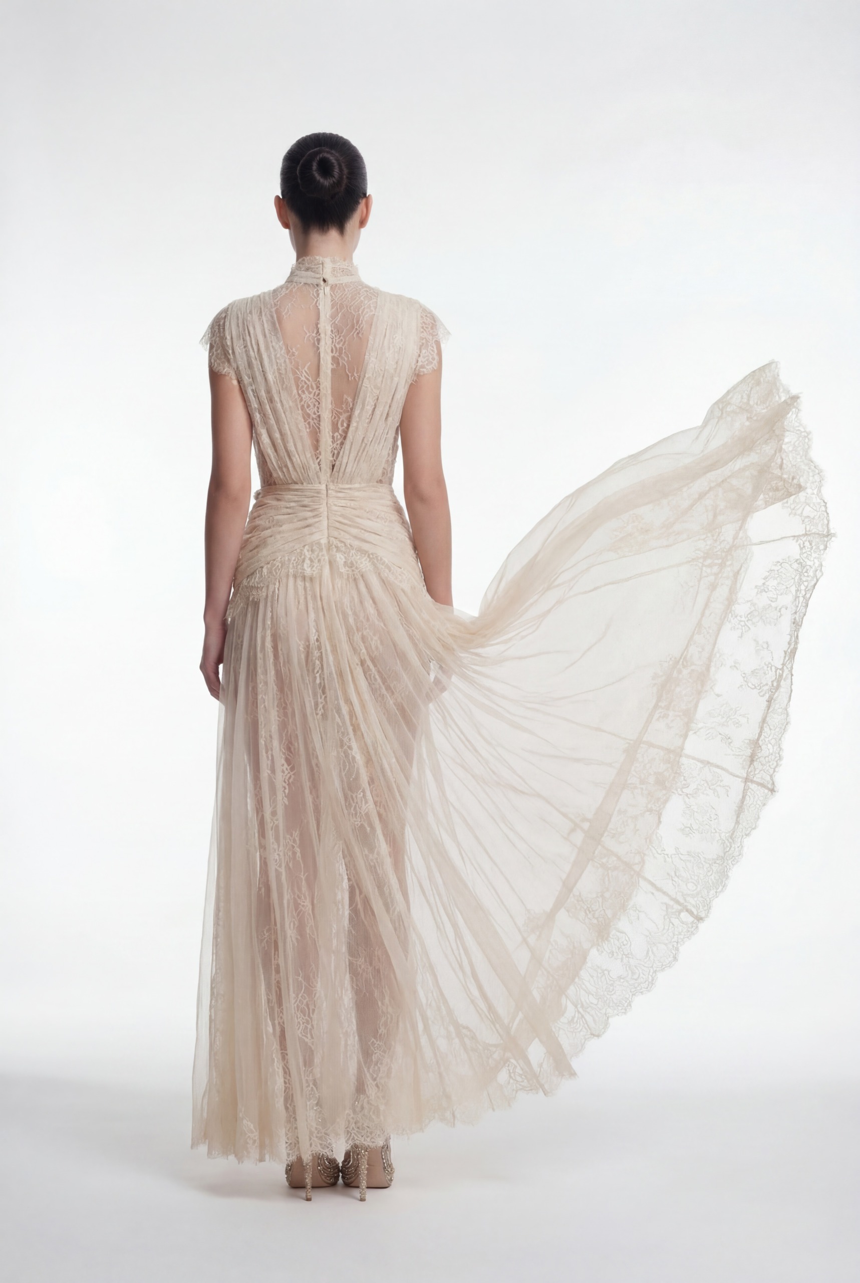 NRTW226C Champagne Lace and Draped Tulle High-Neck Dress with Flowing Train - 4