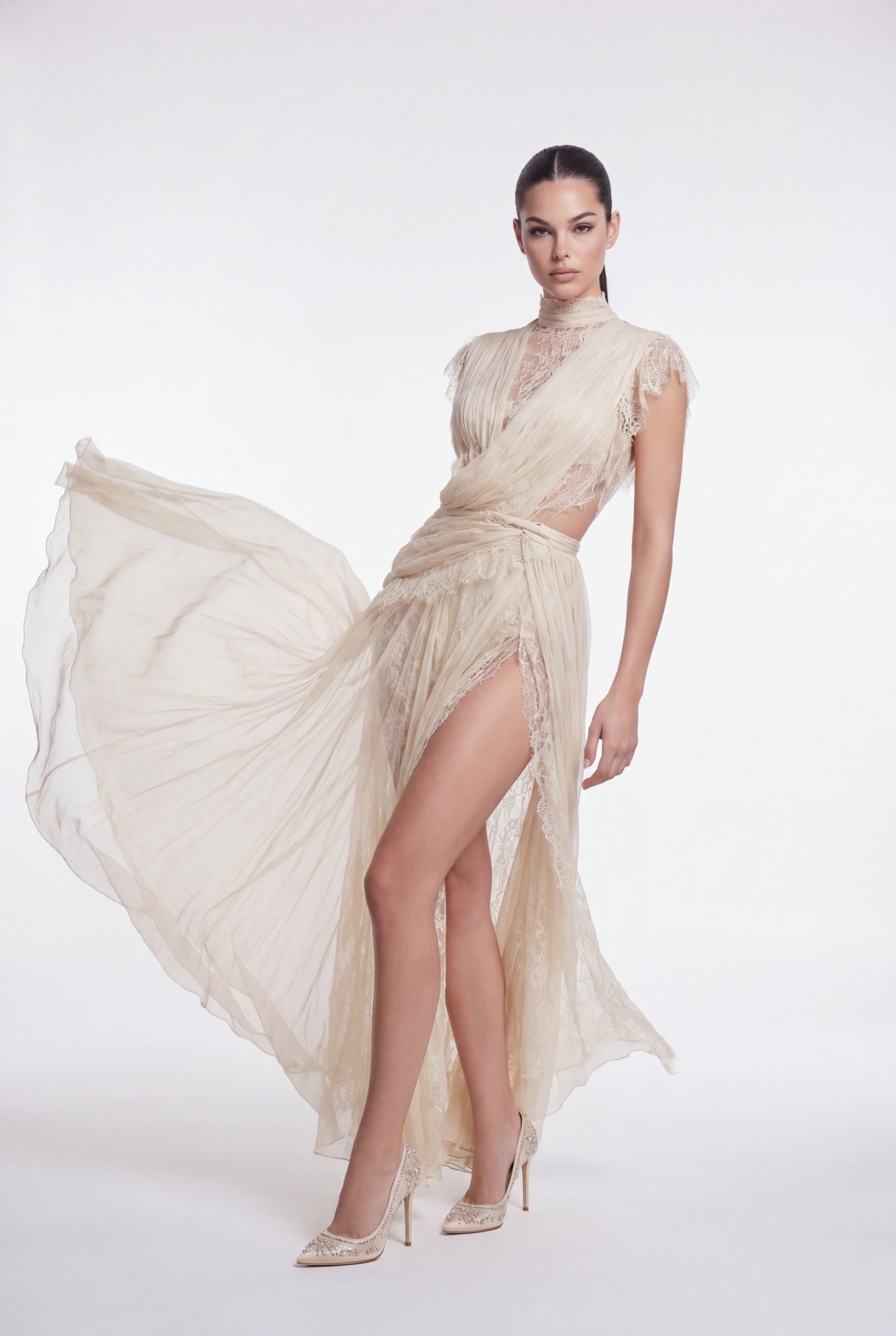 NRTW226D Champagne Lace and Draped Tulle High-Neck Dress with Flowing Train - 3