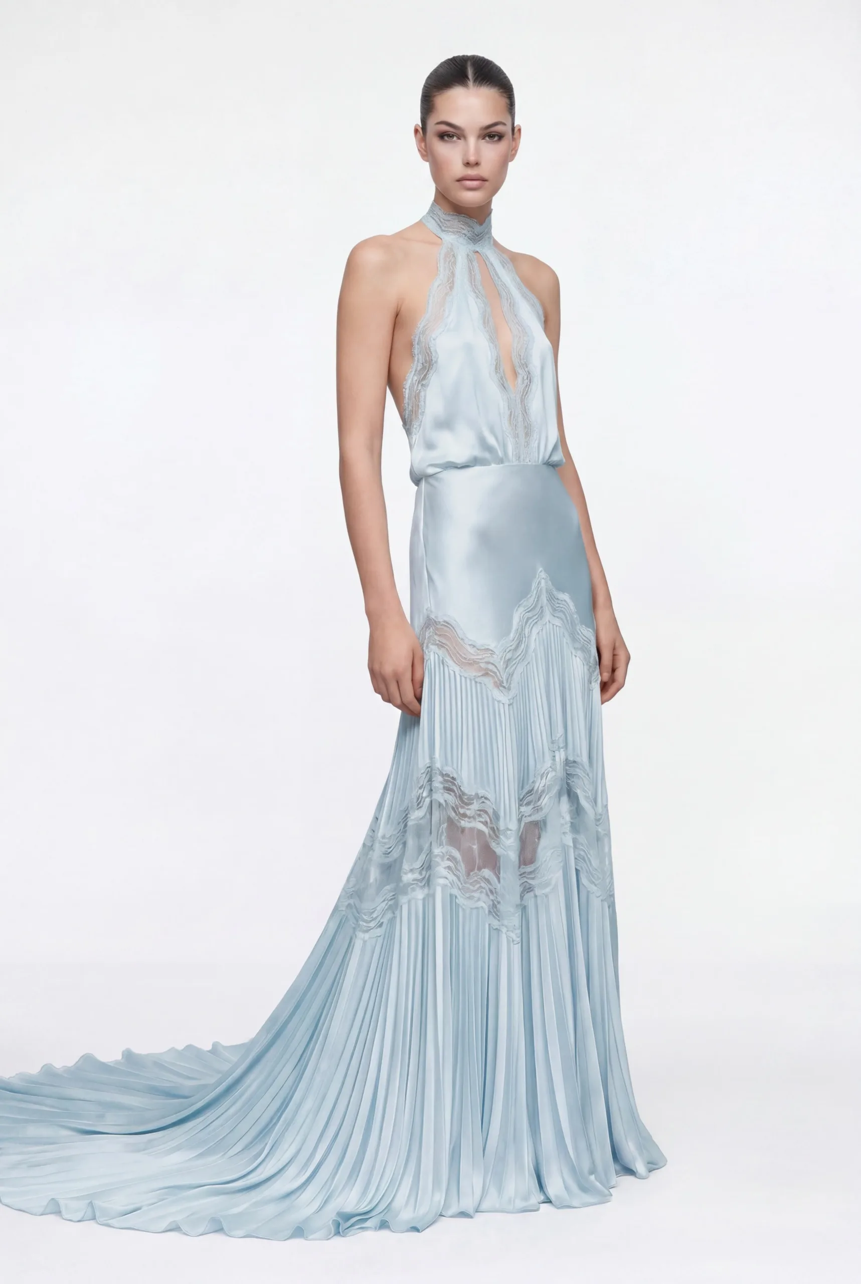NRTW227 Celeste Pleated Satin Halter Dress - 1