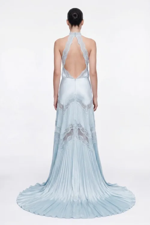Celeste Pleated Satin Halter Dress - 4