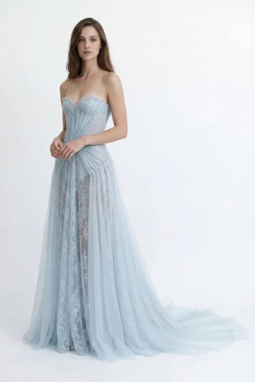 Draped Lace & Tulle Couture Evening Gown
