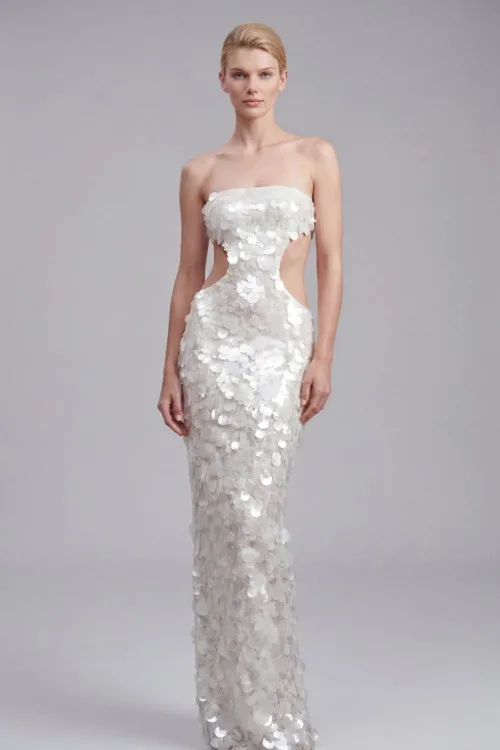 3D Paillette Sequins Sculpted Strapless Long Dress