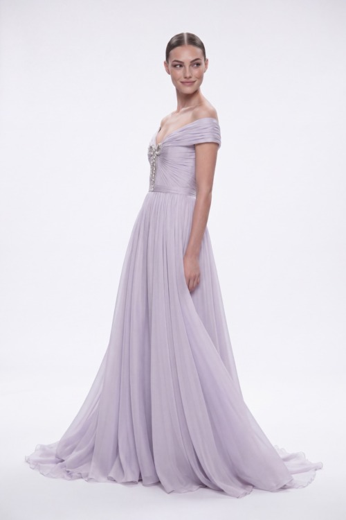 Crystal Brooch Silk Draped Chiffon Long Dress