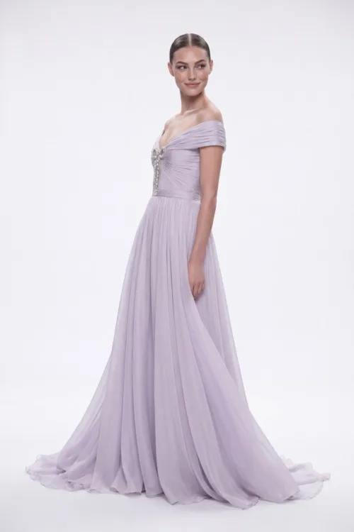 Crystal Brooch Silk Draped Chiffon Long Dress