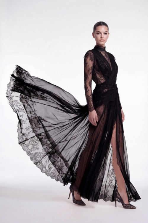 Black Lace Chiffon Draped Ankle Length Dress